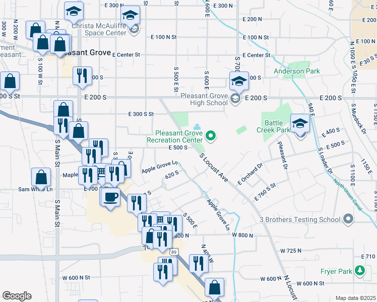 map of restaurants, bars, coffee shops, grocery stores, and more near 530 East 500 South in Pleasant Grove