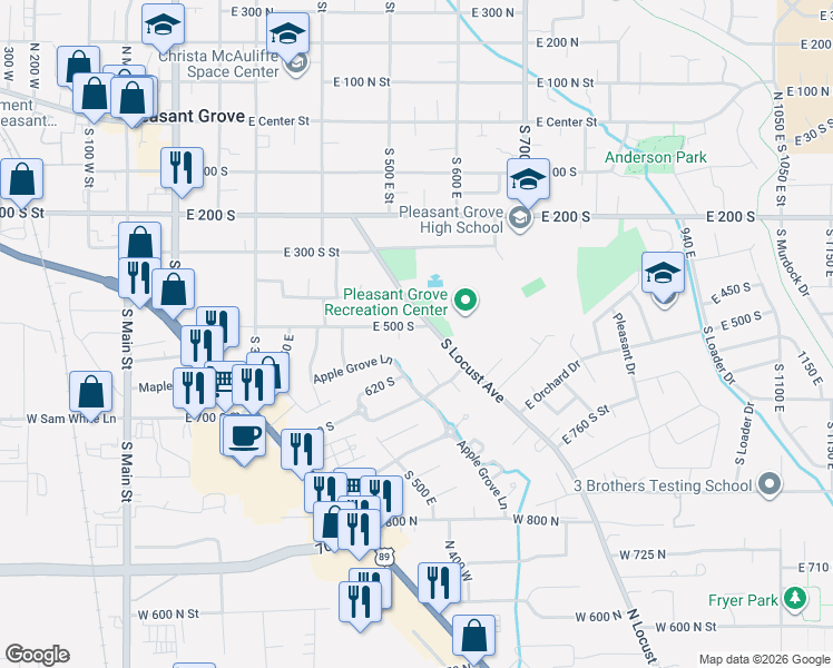 map of restaurants, bars, coffee shops, grocery stores, and more near 530 East 500 South in Pleasant Grove