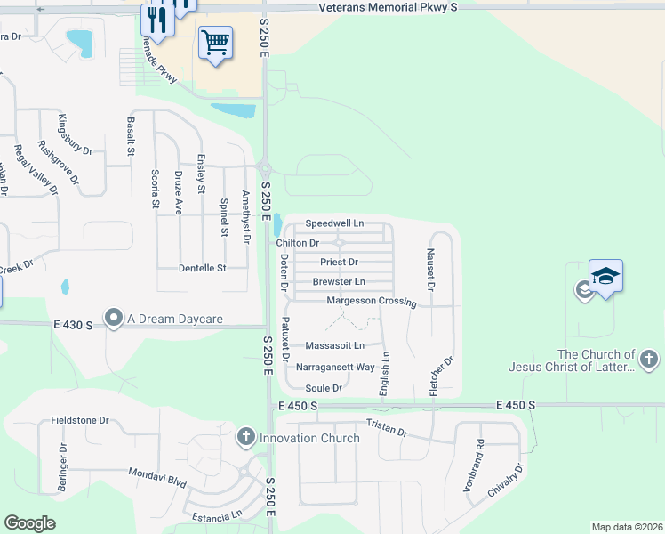 map of restaurants, bars, coffee shops, grocery stores, and more near 2632 Brewster Lane in Lafayette