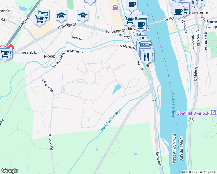 map of restaurants, bars, coffee shops, grocery stores, and more near 110 Lakeview Drive in New Hope