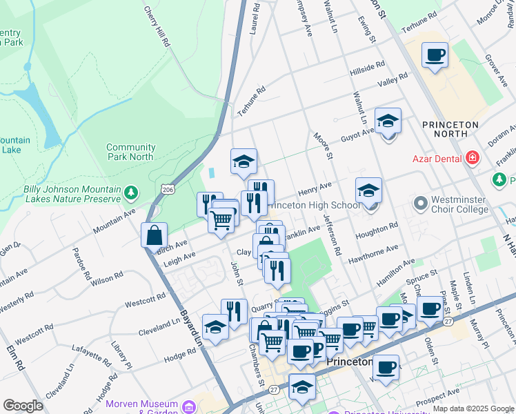 map of restaurants, bars, coffee shops, grocery stores, and more near 6 Henry Avenue in Princeton