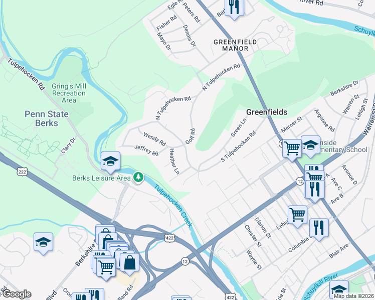 map of restaurants, bars, coffee shops, grocery stores, and more near 1703 Golf Road in Reading