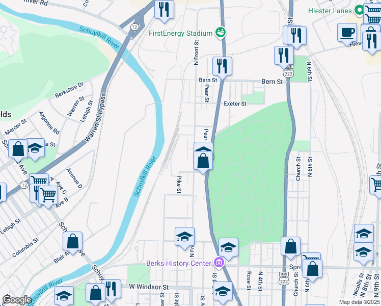 map of restaurants, bars, coffee shops, grocery stores, and more near 1462 North Front Street in Reading
