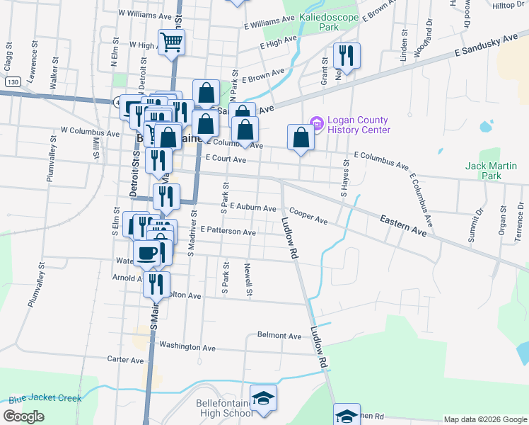 map of restaurants, bars, coffee shops, grocery stores, and more near 412 East Auburn Avenue in Bellefontaine