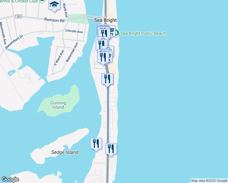 map of restaurants, bars, coffee shops, grocery stores, and more near 8 Marius Lane in Sea Bright