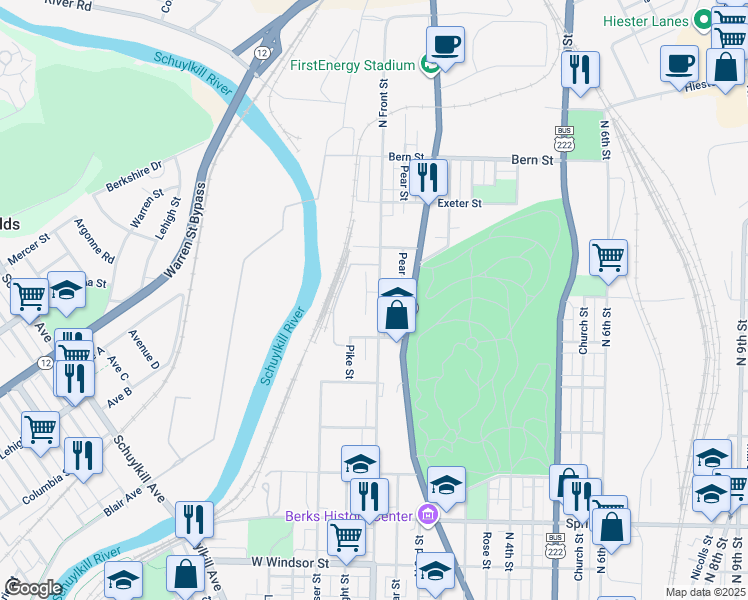 map of restaurants, bars, coffee shops, grocery stores, and more near 1462 North Front Street in Reading