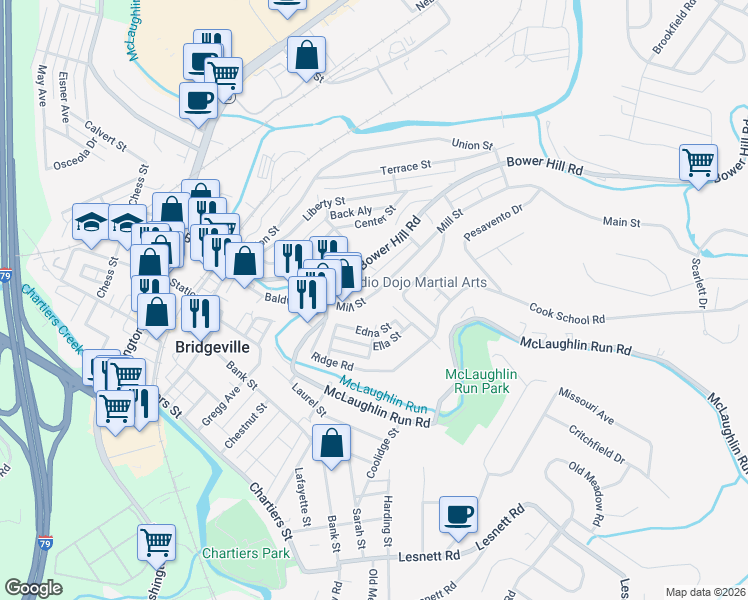 map of restaurants, bars, coffee shops, grocery stores, and more near 754 Mill Street in Bridgeville