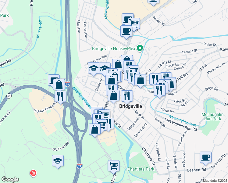 map of restaurants, bars, coffee shops, grocery stores, and more near 533 Washington Avenue in Bridgeville