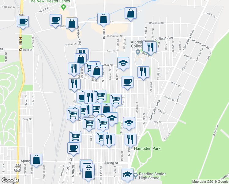 map of restaurants, bars, coffee shops, grocery stores, and more near 1500 North 12th Street in Reading