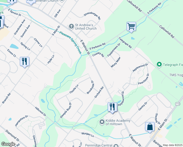 map of restaurants, bars, coffee shops, grocery stores, and more near 436 Brookside Drive in Perkasie