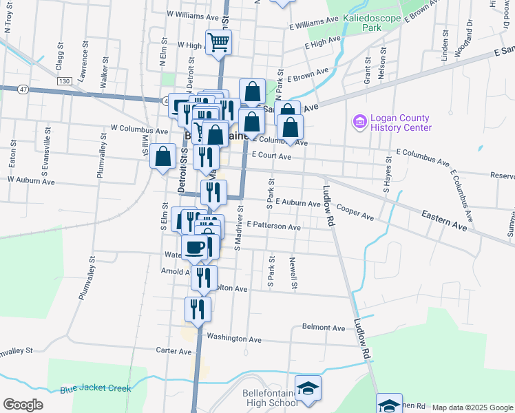 map of restaurants, bars, coffee shops, grocery stores, and more near 216 East Auburn Avenue in Bellefontaine