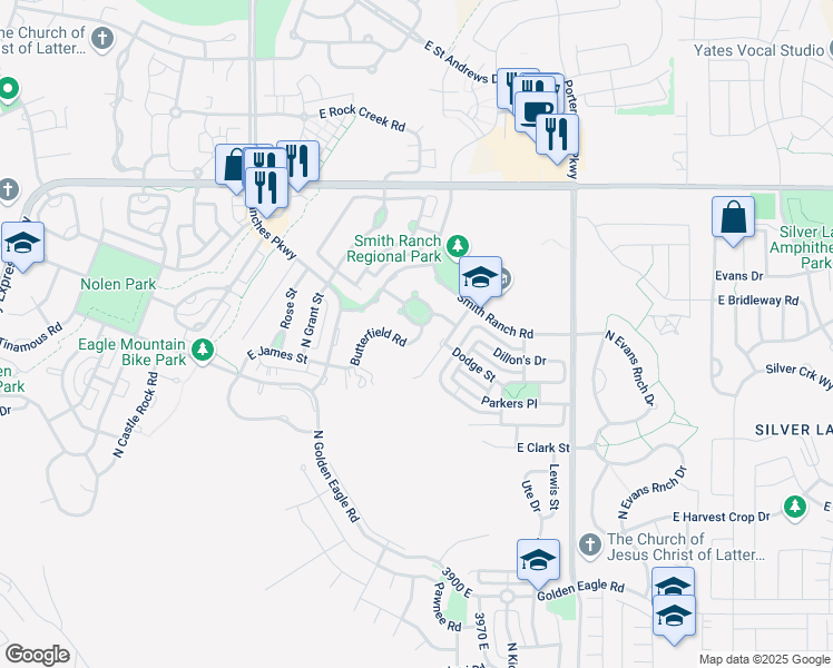 map of restaurants, bars, coffee shops, grocery stores, and more near 3829 East Butterfield Road in Eagle Mountain