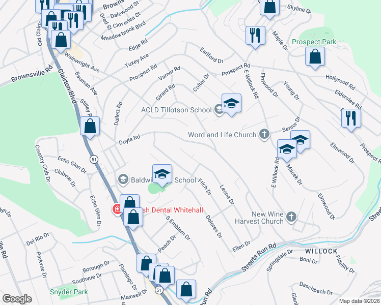 map of restaurants, bars, coffee shops, grocery stores, and more near 4895 Leona Drive in Pittsburgh