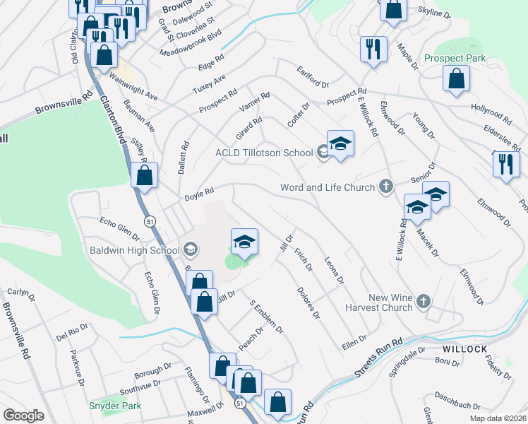 map of restaurants, bars, coffee shops, grocery stores, and more near 4809 Frich Drive in Pittsburgh