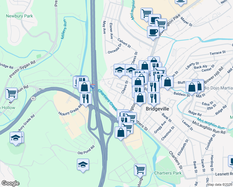 map of restaurants, bars, coffee shops, grocery stores, and more near 300 Hickman Street in Bridgeville