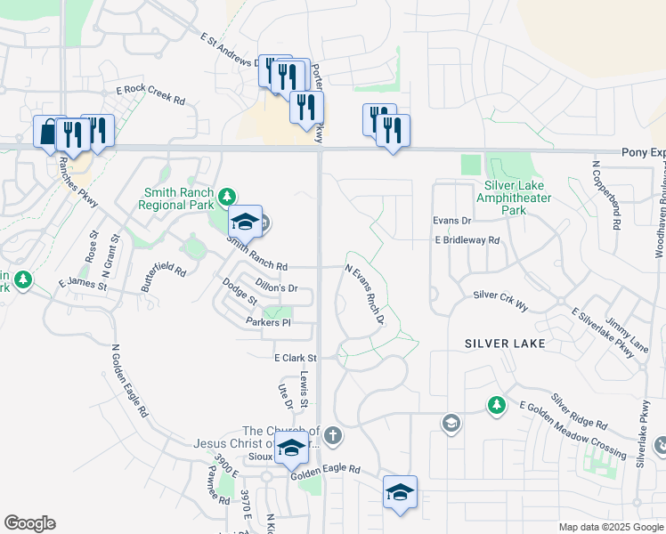 map of restaurants, bars, coffee shops, grocery stores, and more near 7690 North Evans Ranch Drive in Eagle Mountain