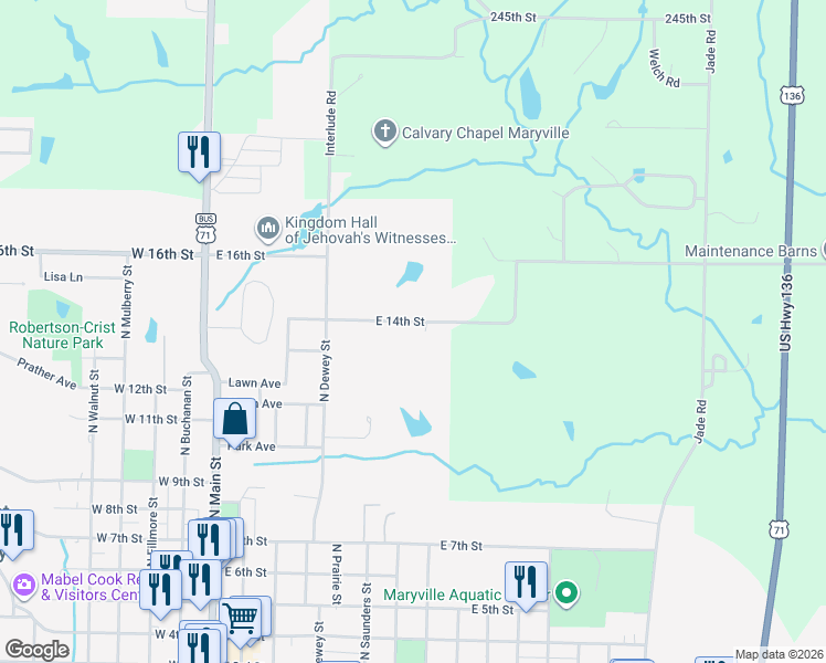 map of restaurants, bars, coffee shops, grocery stores, and more near 622 East 14th Street in Maryville