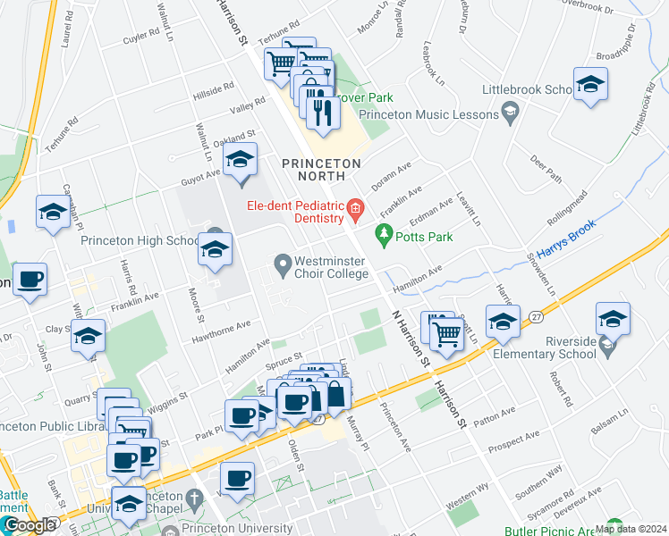 map of restaurants, bars, coffee shops, grocery stores, and more near 204 Ewing Street in Princeton