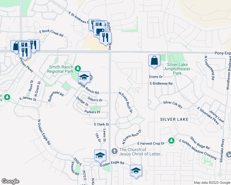 map of restaurants, bars, coffee shops, grocery stores, and more near 7672 North Evans Ranch Drive in Eagle Mountain