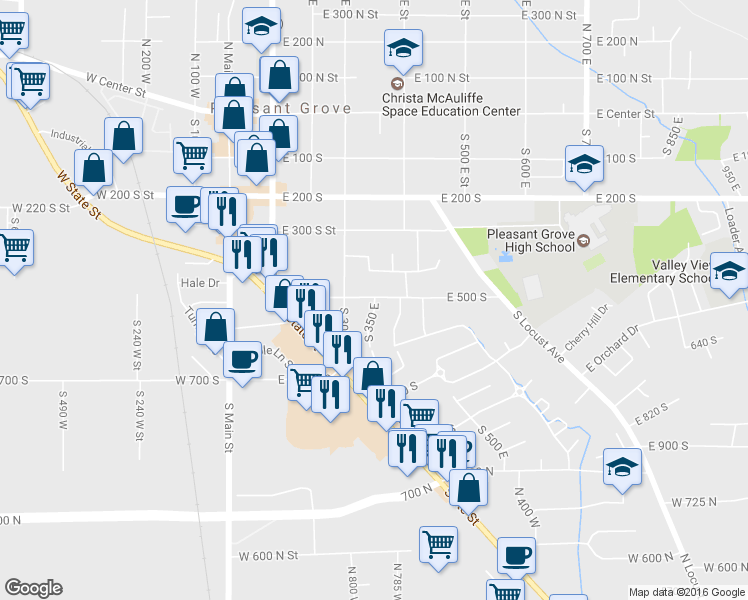 map of restaurants, bars, coffee shops, grocery stores, and more near 412 South 350 East in Pleasant Grove
