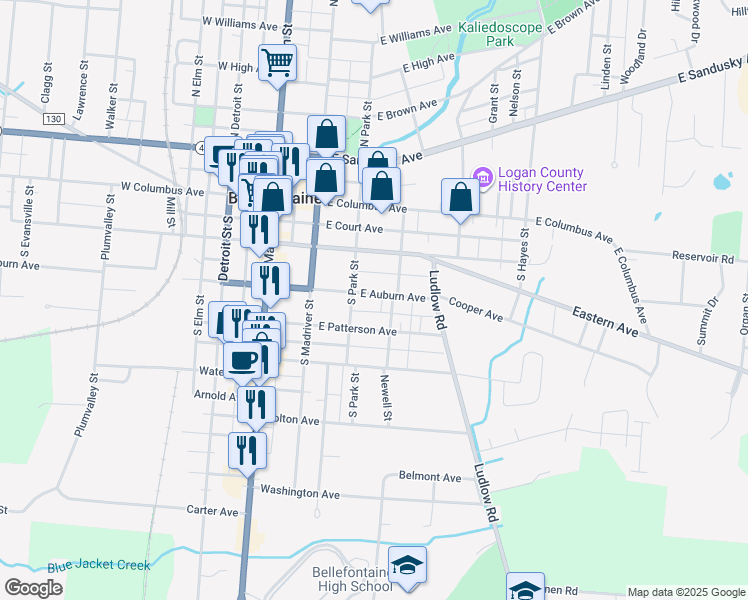 map of restaurants, bars, coffee shops, grocery stores, and more near 316 East Auburn Avenue in Bellefontaine