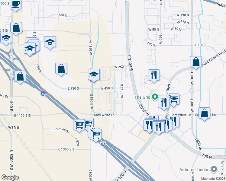 map of restaurants, bars, coffee shops, grocery stores, and more near 2235 West 500 South in Pleasant Grove