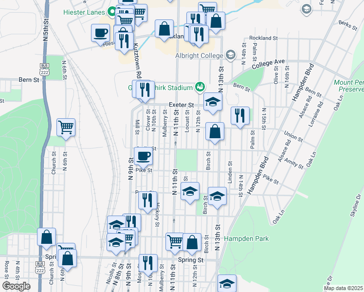 map of restaurants, bars, coffee shops, grocery stores, and more near 1115 Amity Street in Reading