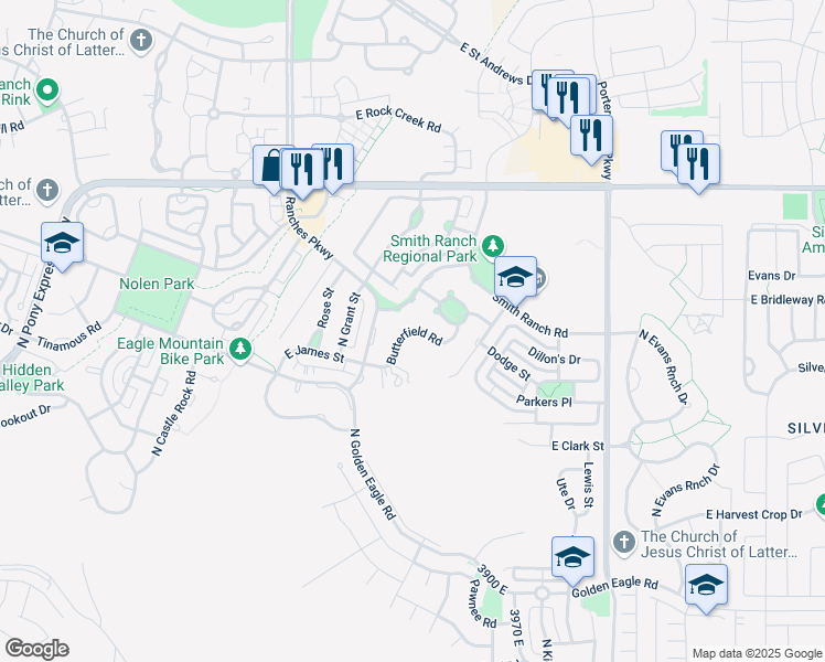 map of restaurants, bars, coffee shops, grocery stores, and more near 3698 East Butterfield Road in Eagle Mountain