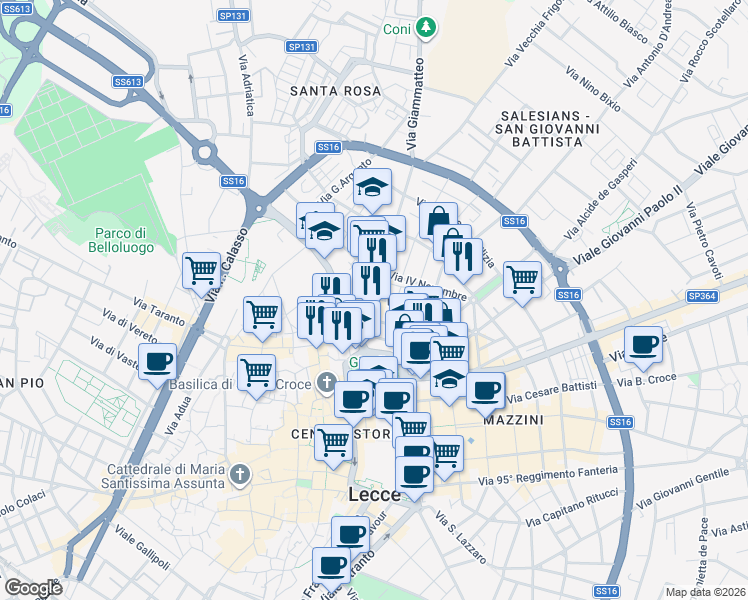 map of restaurants, bars, coffee shops, grocery stores, and more near 29-33 Via Colonnello Archimede Costadura in Lecce