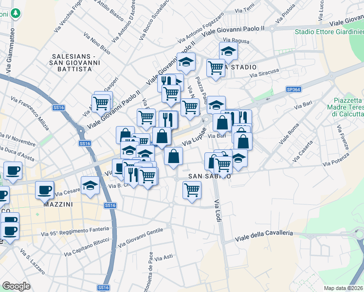 map of restaurants, bars, coffee shops, grocery stores, and more near 5 Via Michele Saponaro in Lecce