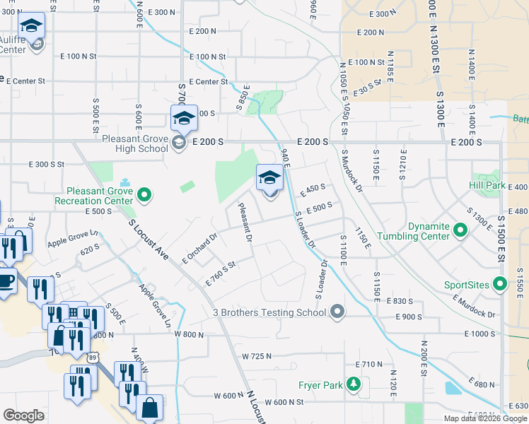 map of restaurants, bars, coffee shops, grocery stores, and more near 910 East Orchard Drive in Pleasant Grove