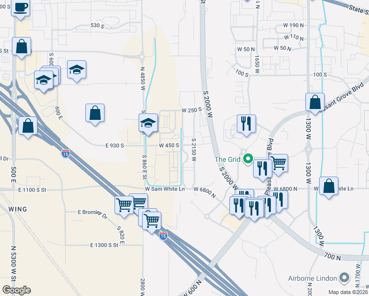 map of restaurants, bars, coffee shops, grocery stores, and more near 2235 West 500 South in Pleasant Grove