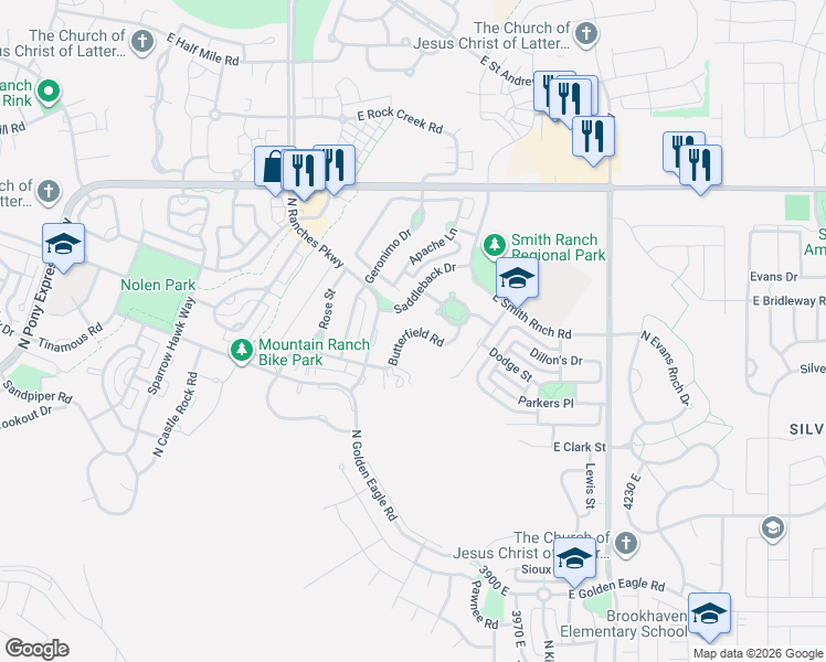 map of restaurants, bars, coffee shops, grocery stores, and more near 7692 Butterfield Road in Eagle Mountain