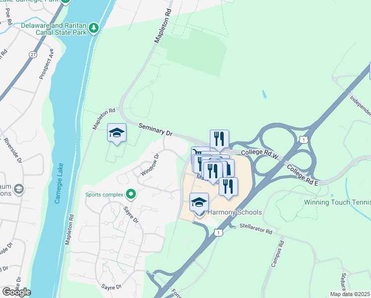 map of restaurants, bars, coffee shops, grocery stores, and more near in Plainsboro Township