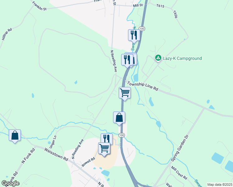 map of restaurants, bars, coffee shops, grocery stores, and more near 1232 North Reading Avenue in Bechtelsville