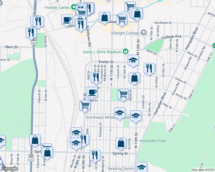 map of restaurants, bars, coffee shops, grocery stores, and more near 1032 Amity Street in Reading
