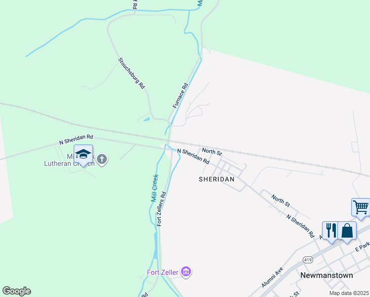 map of restaurants, bars, coffee shops, grocery stores, and more near 148 North Sheridan Road in Newmanstown