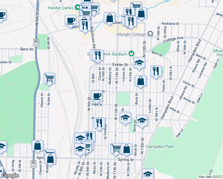 map of restaurants, bars, coffee shops, grocery stores, and more near 1032 Amity Street in Reading