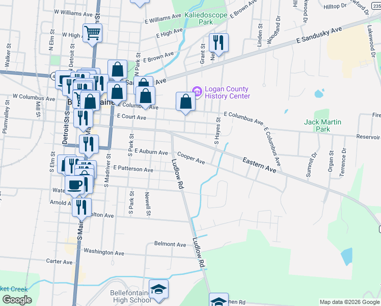 map of restaurants, bars, coffee shops, grocery stores, and more near 500-598 Cooper Avenue in Bellefontaine