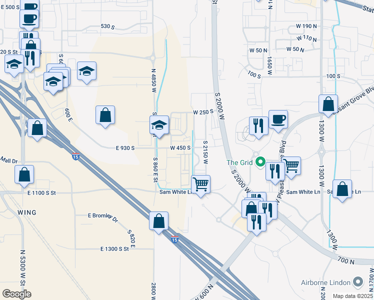 map of restaurants, bars, coffee shops, grocery stores, and more near 2241 West 450 South in Pleasant Grove
