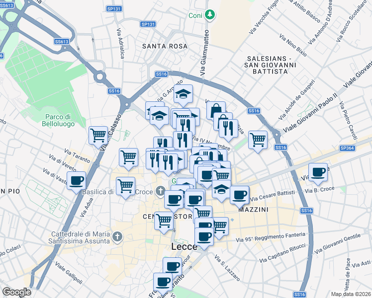 map of restaurants, bars, coffee shops, grocery stores, and more near 33 Via Colonnello Archimede Costadura in Lecce