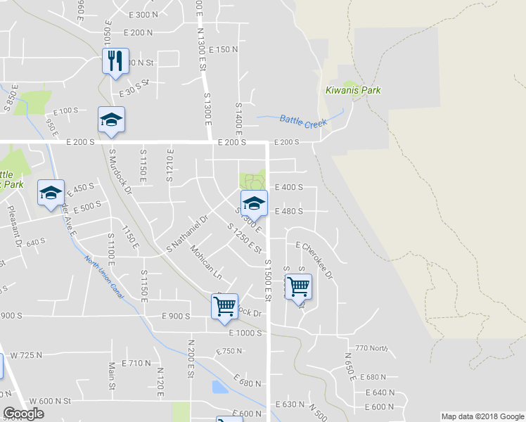 map of restaurants, bars, coffee shops, grocery stores, and more near 1485 East Navajo Drive in Pleasant Grove