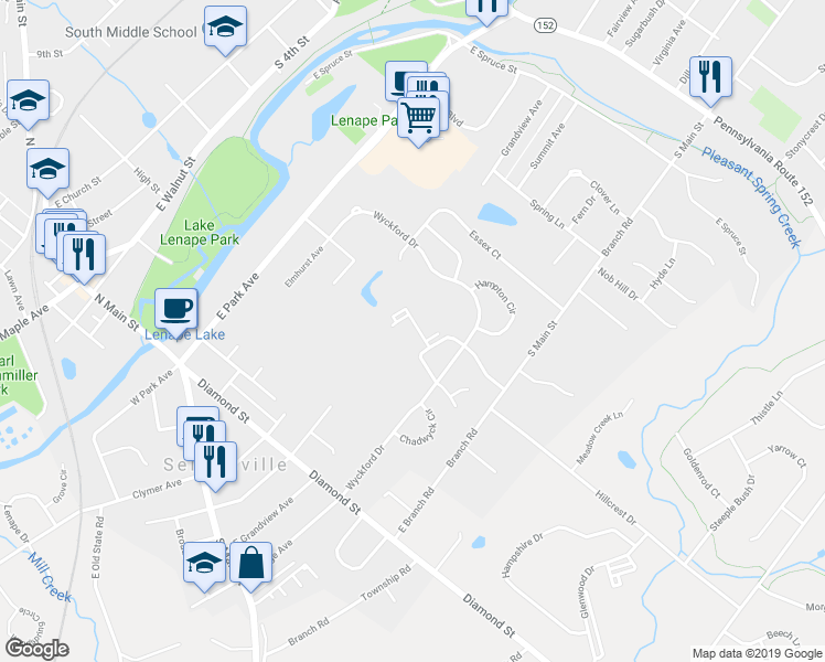 map of restaurants, bars, coffee shops, grocery stores, and more near 411 Mews Drive in Sellersville