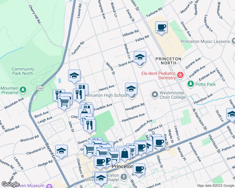 map of restaurants, bars, coffee shops, grocery stores, and more near 190 Moore Street in Princeton