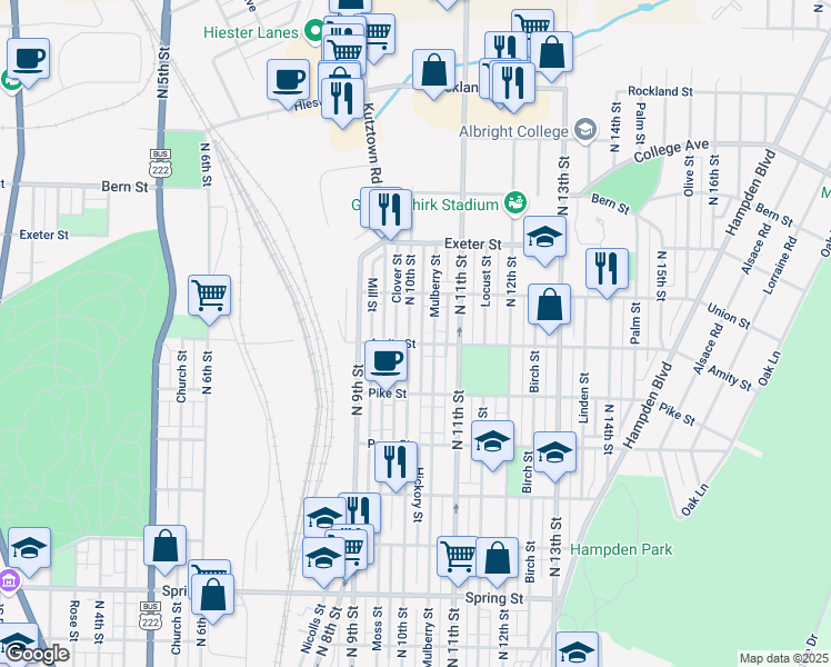 map of restaurants, bars, coffee shops, grocery stores, and more near 1032 Amity Street in Reading