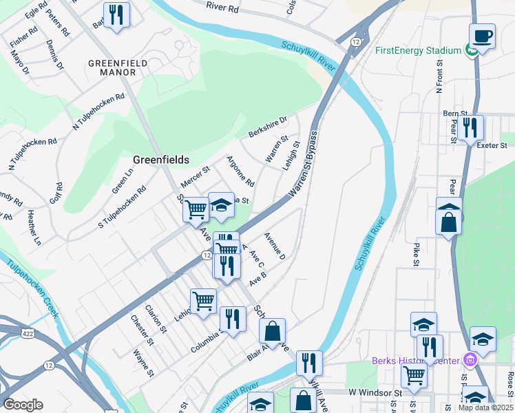 map of restaurants, bars, coffee shops, grocery stores, and more near 702 Warren Street in Reading