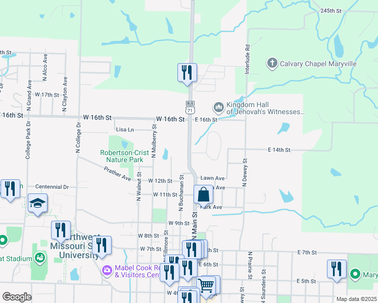 map of restaurants, bars, coffee shops, grocery stores, and more near 1350 North Main Street in Maryville