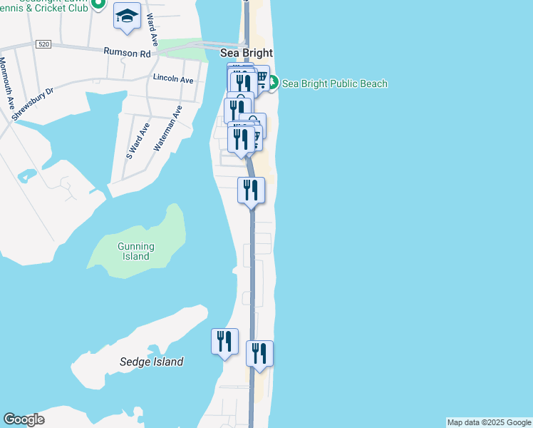 map of restaurants, bars, coffee shops, grocery stores, and more near 8 Marius Lane in Sea Bright