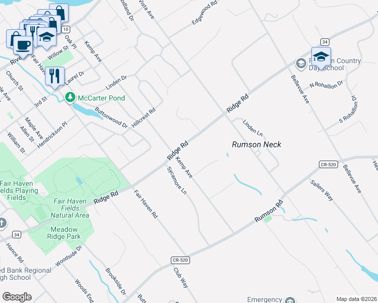 map of restaurants, bars, coffee shops, grocery stores, and more near 137 Ridge Road in Rumson