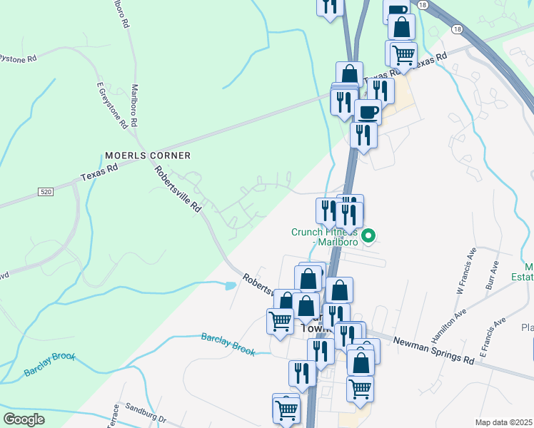 map of restaurants, bars, coffee shops, grocery stores, and more near 6 Stock Court in Old Bridge